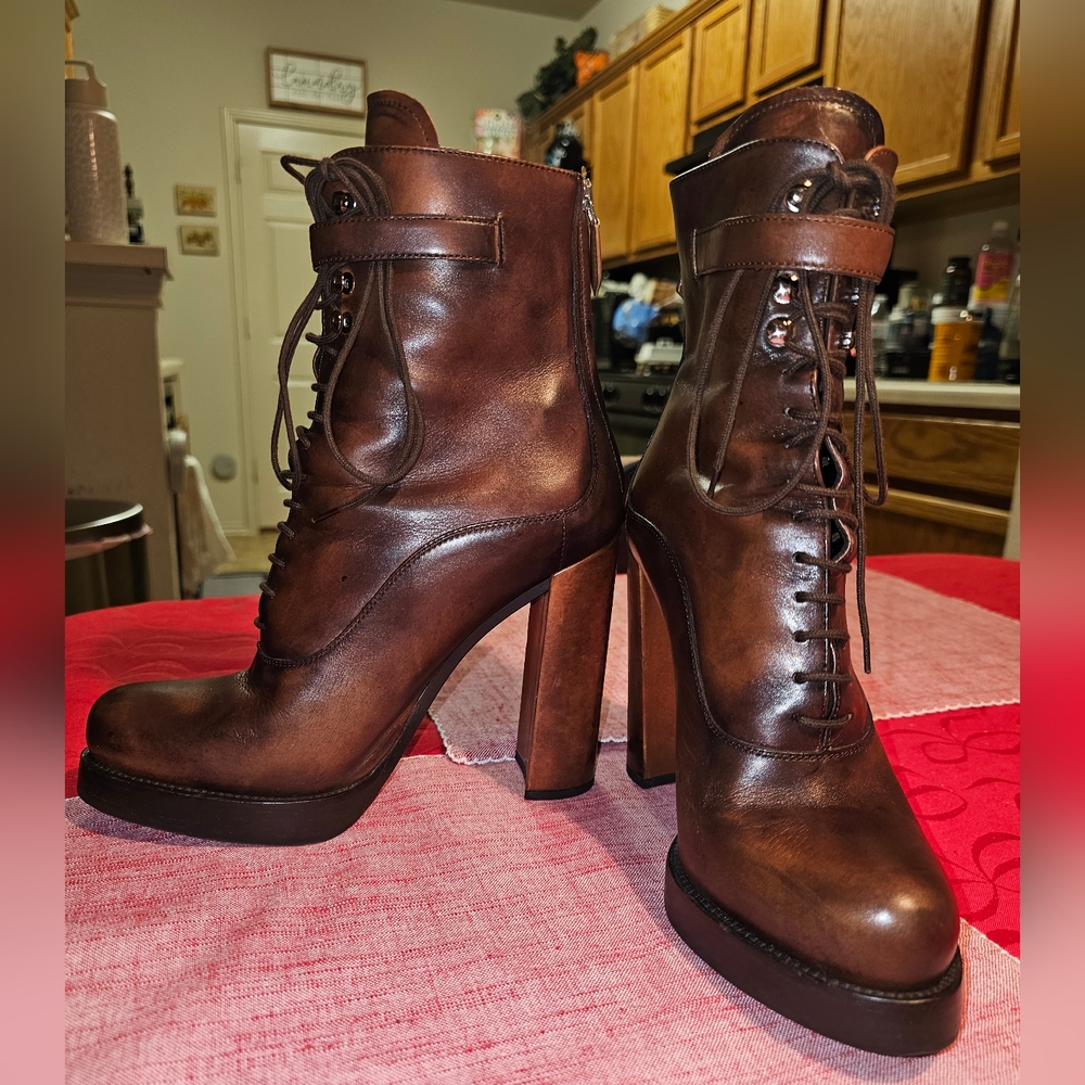 PRADA Brandy Calfskin Leather Booties - Brown - 6.5 US